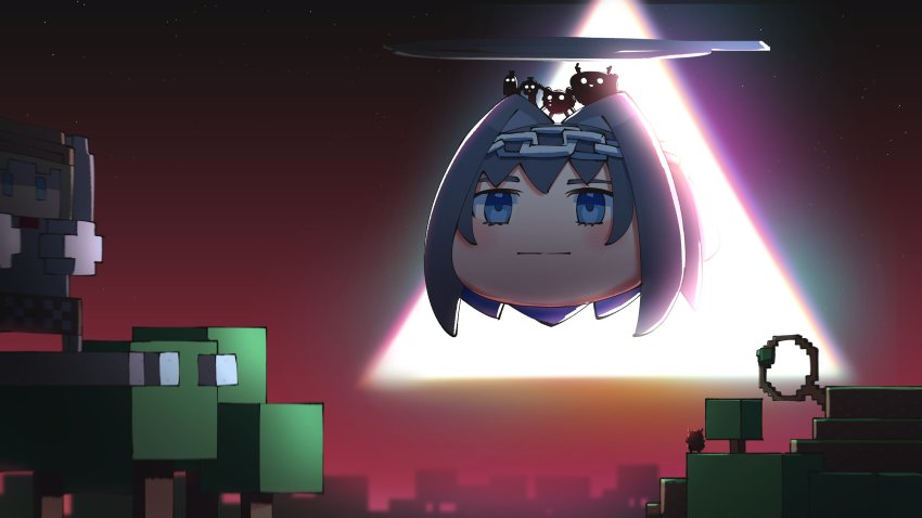 :|, absurdres, blue_eyes, boomei_(nanashi_mumei), ceres_fauna, closed_mouth, dollrys_(irys), flying