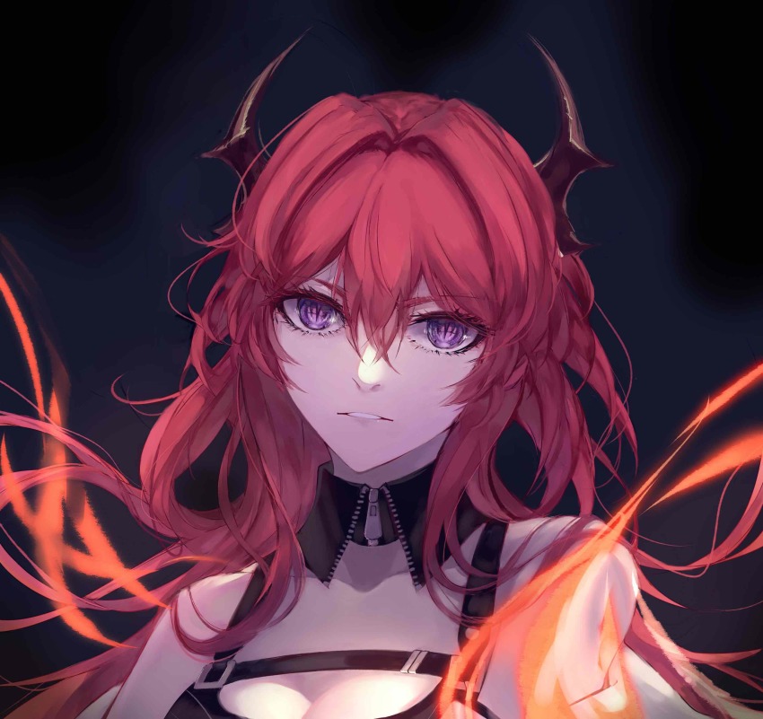 1girl, absurdres, arknights, bare_shoulders, black_dress, breasts, cleavage, demon_horns