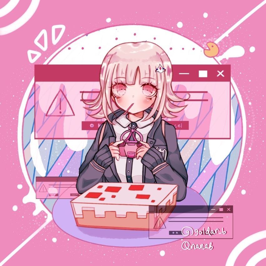 1girl, bad_id, bad_pixiv_id, black_jacket, black_shirt, blush, box, collared_shirt, cropped_torso, danganronpa_(series), danganronpa_2:_goodbye_despair, grey_shirt, hair_ornament, handheld_game_console, highres, holding, holding_handheld_game_console, jacket, klepon, long_sleeves, looking_at_viewer, medium_hair, nanami_chiaki, neck_ribbon, pac-man, pink_background, pink_eyes, pink_ribbon, ribbon, shirt, sleeves_past_wrists, solo, two-tone_shirt, white_background