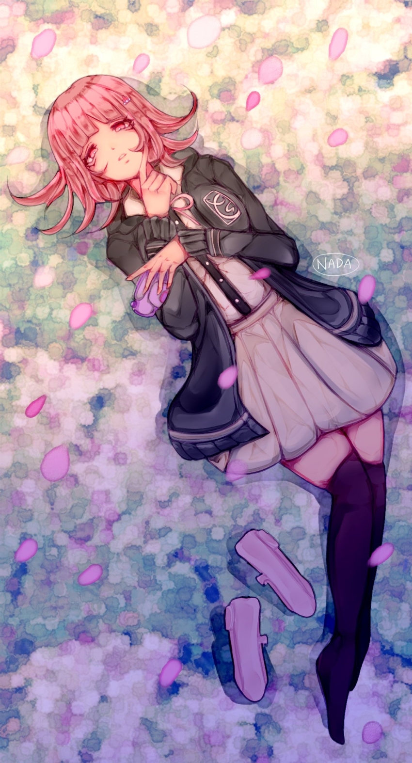 1girl, artist_name, bad_id, bad_pixiv_id, black_jacket, black_thighhighs, breasts, brown_skirt, commentary_request, danganronpa:_trigger_happy_havoc, danganronpa_(series), dress_shirt, from_above, hair_ornament, hands_up, highres, jacket, klepon, large_breasts, looking_at_viewer, lying, medium_hair, nanami_chiaki, neck_ribbon, on_back, open_clothes, open_jacket, over-kneehighs, pink_hair, pink_ribbon, pink_shoes, pleated_skirt, ribbon, shirt, shoes, skirt, thighhighs, two-tone_shirt, unworn_shoes