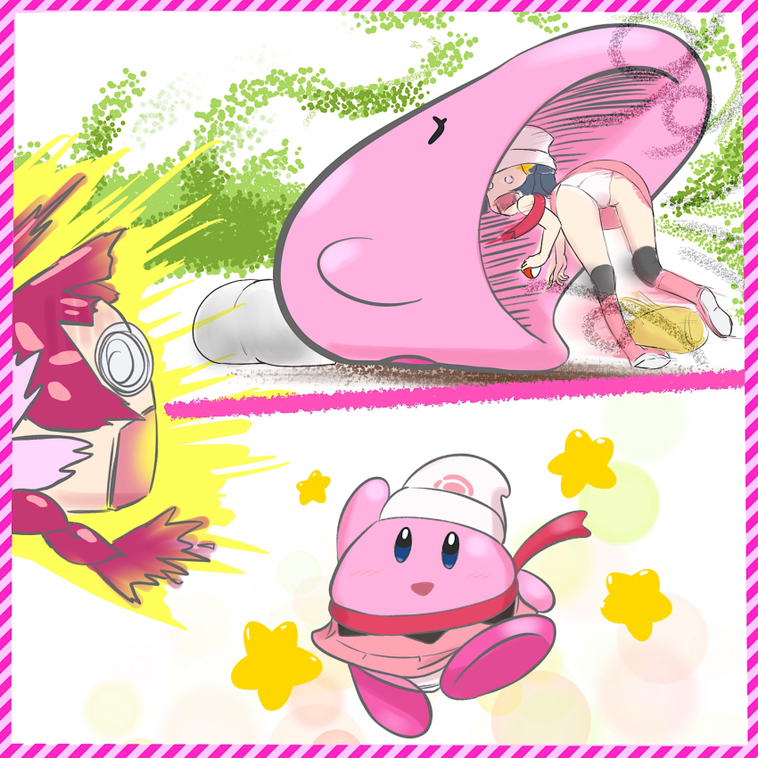 2girls, chloe_(pokemon), cosplay, crossover, dawn_(pokemon), dawn_(pokemon)_(cosplay), from_behind, highres, kirby, kirby_(series), long_hair, microsd_(pibo), multiple_girls, nintendo, panties, pokemon, pokemon_(anime), pokemon_journeys, pokemon_swsh074, red_hair, skirt, underwear