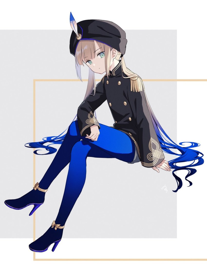 arm_support, black_headwear, blue_hair, blue_pantyhose, buttons, captain_nemo_(fate), captain_nemo_(second_ascension)_(fate), commentary_request, crossed_legs, double-breasted, fate/grand_order, fate_(series), from_side, gender_request, gradient_hair, grey_background, high_heels, highres, long_hair, long_sleeves, looking_at_viewer, multicolored_hair, nemo_(fate), nonono_(nononotea), pantyhose, shorts, sitting, turban, twintails, two-tone_background, white_background