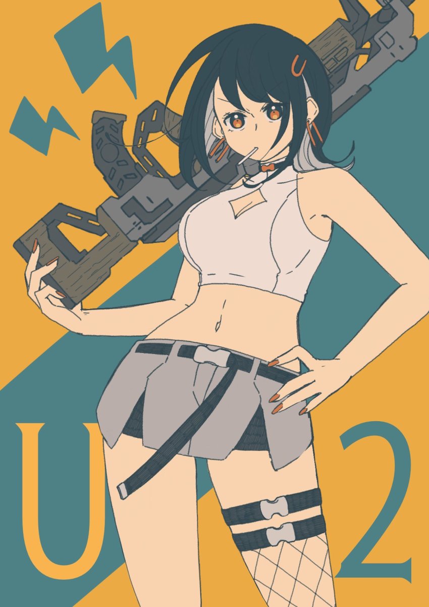 1girl, apex_legends, assault_rifle, belt, black_belt, black_hair, breasts, candy