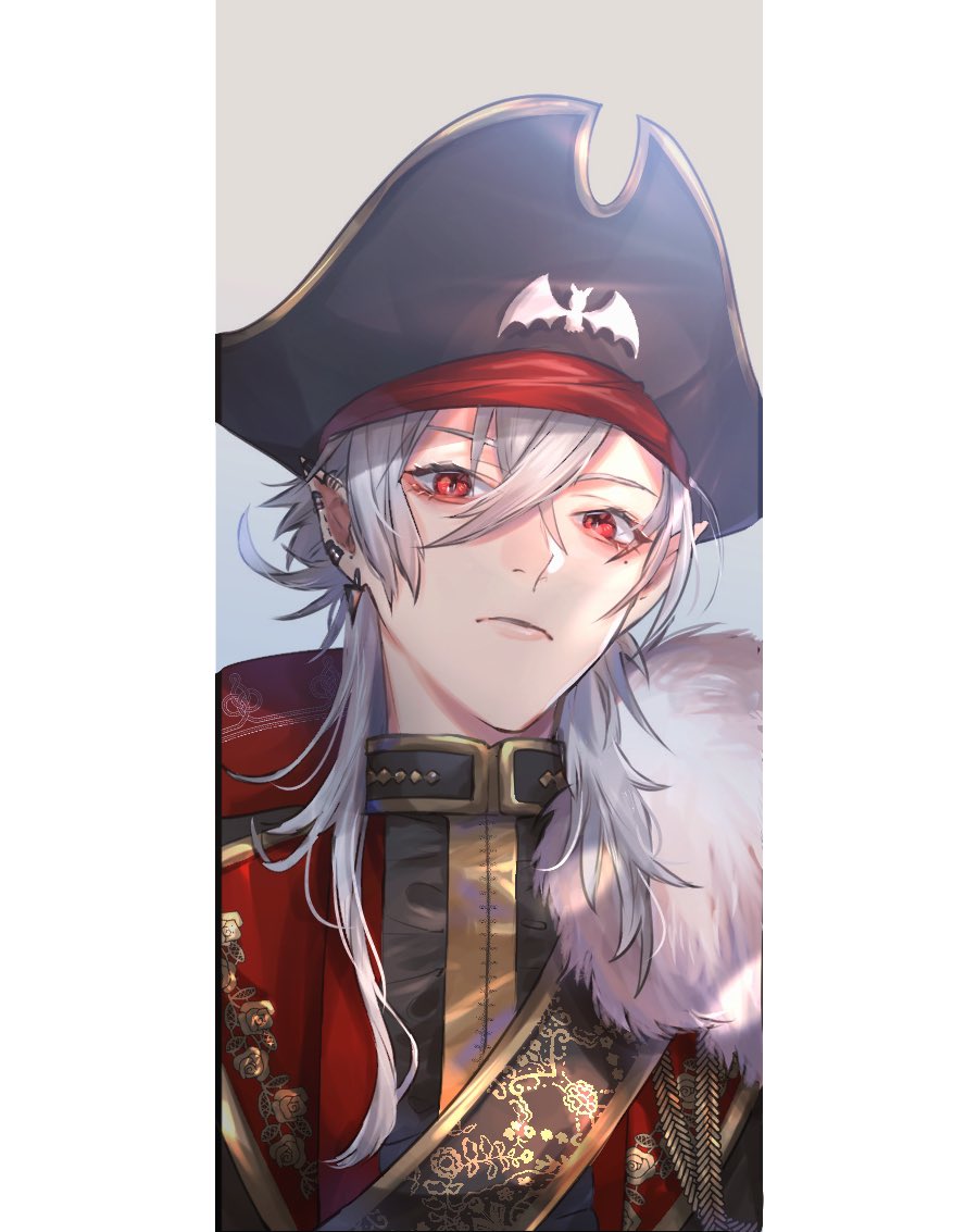1boy, black_hat, ear_piercing, expressionless, fur_trim, grey_hair, hair_between_eyes, hat, head_tilt, jacket, kuzuha_(nijisanji), male_focus, mole, mole_under_eye, nijisanji, piercing, pillarboxed, pirate_hat, pointy_ears, portrait, red_eyes, red_jacket, solo, virtual_youtuber, yori_(pipoot801)