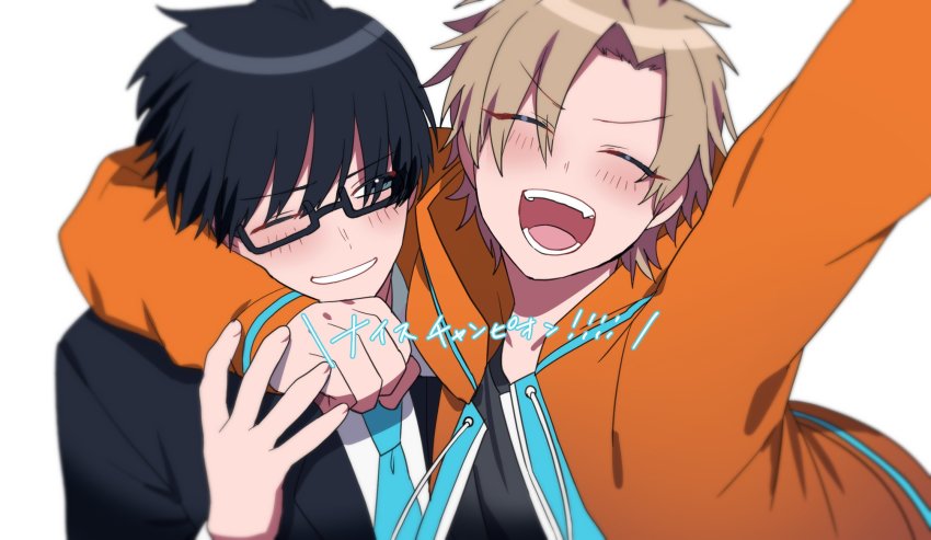 2boys, ^_^, arm_around_neck, black_jacket, blue_necktie, clenched_hand, closed_eyes, eden_(vtuber), fang, formal_clothes, gamewith, glasses, grey_eyes, highres, hood, hoodie, indie_virtual_youtuber, jacket, male_focus, multiple_boys, necktie, one_eye_closed, open_mouth, orange_hoodie, parted_bangs, shirasu_uni, smile, suit, trulysquid, virtual_youtuber, white_background