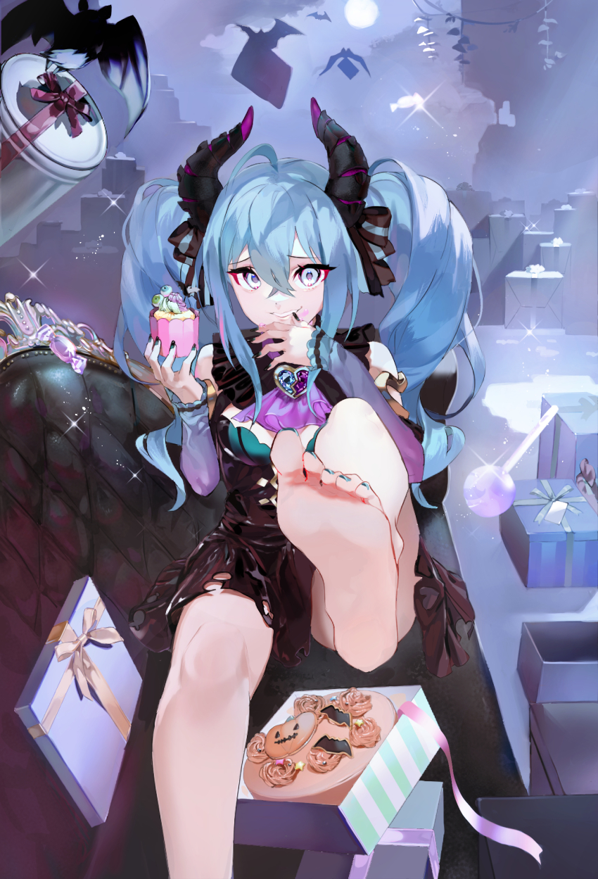 1girl, barefoot, bat_(animal), black_dress, black_nails, blue_eyes, blue_hair, blue_nails, borrowed_design, box, cake, candy, commentary, couch, cream, cupcake, detached_sleeves, dragon_horns, dress, feet, feet_up, finger_to_mouth, food, foot_focus, foreshortening, full_moon, furrowed_brow, gift, gift_box, grin, halloween, hatsune_miku, hatsune_miku_(noodle_stopper)_(villain), highres, holding, holding_food, horns, jack-o'-lantern, kazo_(apap023451), lollipop, long_hair, moon, nail_polish, night, open_box, purple_sleeves, silhouette, sitting, sleeveless, sleeveless_dress, smile, solo, toenail_polish, toenails, torn_clothes, torn_dress, twintails, vocaloid