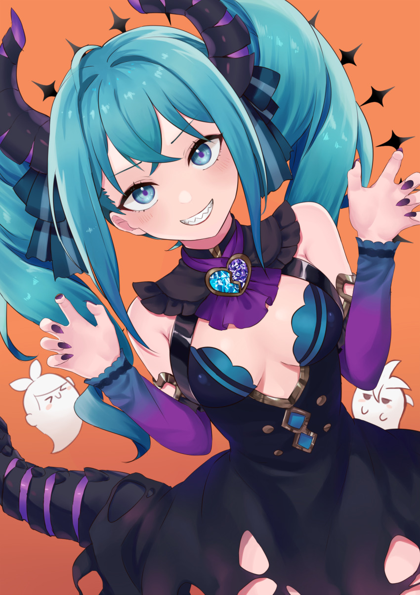 >_<, 1boy, 2girls, absurdres, bare_shoulders, black_dress, blue_eyes, blue_hair, blush_stickers, brooch, claw_pose, commentary, cowboy_shot, detached_sleeves, dragon_horns, dragon_tail, dress, ghost, grin, halloween, hatsune_miku, hatsune_miku_(noodle_stopper)_(villain), heart, heart_brooch, highres, horns, jewelry, jitome, kagamine_len, kagamine_rin, long_hair, looking_at_viewer, mani_m, multiple_girls, nail_polish, orange_background, purple_nails, purple_sleeves, sharp_teeth, sleeveless, sleeveless_dress, smile, tail, teeth, torn_clothes, torn_dress, twintails, v-shaped_eyebrows, vocaloid