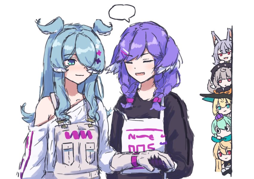 6+girls, animal_ears, black_headwear, black_sweater, blonde_hair, blue_eyes, closed_eyes, crossed_arms