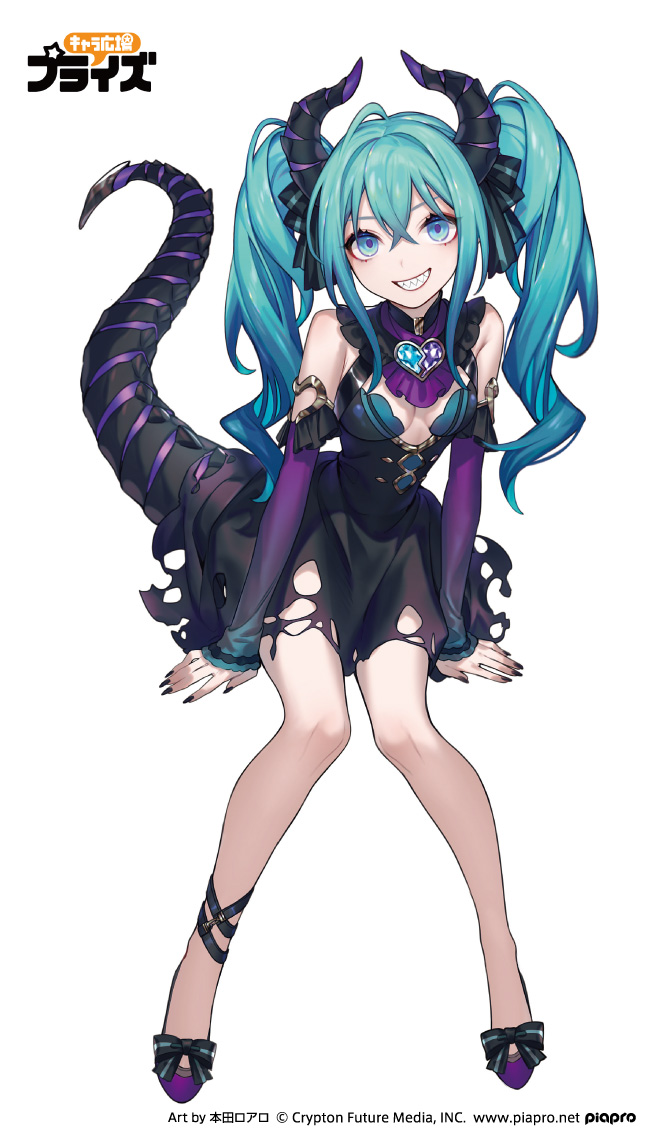 1girl, aqua_eyes, aqua_hair, arm_support, bare_shoulders, black_dress, black_nails, brooch, cleavage_cutout, clothing_cutout, commentary, dragon_horns, dragon_tail, dress, figure_available, grin, hatsune_miku, hatsune_miku_(noodle_stopper)_(villain), heart, heart_brooch, horns, jewelry, loalo, long_hair, looking_at_viewer, merchandise_available, nail_polish, noodle_stopper, official_art, purple_footwear, sharp_teeth, sitting, sleeveless, sleeveless_dress, smile, solo, tail, teeth, torn_clothes, torn_dress, twintails, vocaloid, white_background