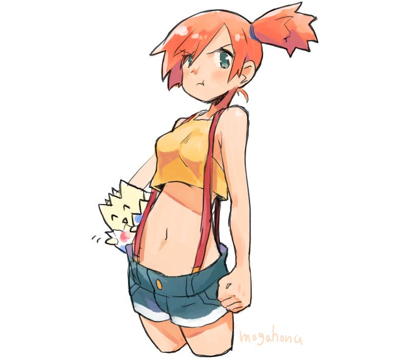 1girl, asymmetrical_hair, cowboy_shot, denim, denim_shorts, gen_1_pokemon, gen_2_pokemon, gym_leader, misty_(pokemon), mogamiya_honu, nintendo, orange_hair, pokemon, pokemon_(anime), pokemon_(classic_anime), pokemon_(creature), ponytail, red_hair, shiny_skin, shirt, short_hair, short_shorts, shorts, side_ponytail, suspenders, togepi, yellow_shirt