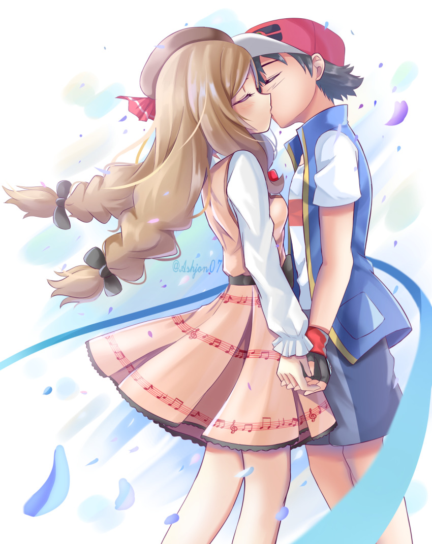 1boy, 1girl, ash_ketchum, ashujou, baseball_cap, black_hair, blonde_hair, blush