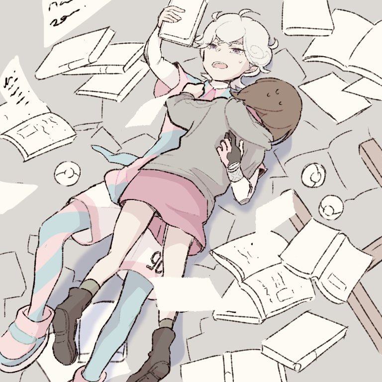 1boy, 1girl, 9no_kabe, ahoge, bede_(pokemon), book, boots, brown_footwear, brown_hair, cardigan, dress, gloria_(pokemon), green_legwear, grey_cardigan, holding, holding_book, hood, hooded_cardigan, hug, leggings, lying, nintendo, on_back, open_mouth, partially_colored, pink_dress, poke_ball, pokemon, pokemon_sword_and_shield, shirt, shoes, short_sleeves, shorts, socks, sweat, teeth, undershirt, upper_teeth_only, white_hair