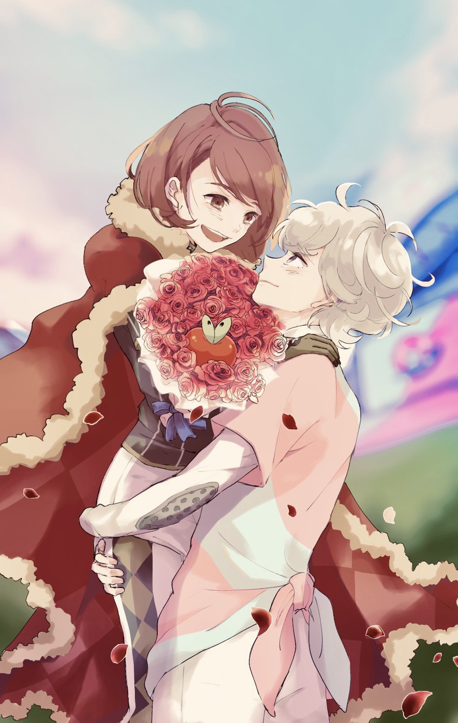 1boy, 1girl, 9no_kabe, :d, applin, argyle, bede_(pokemon), blonde_hair