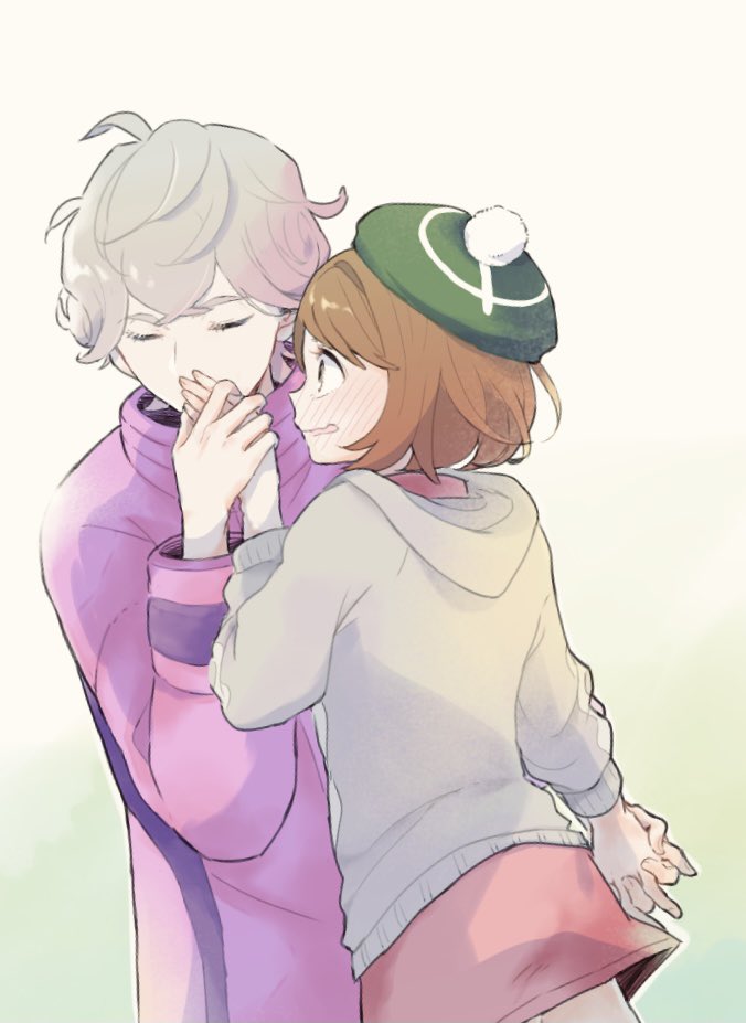 1boy, 1girl, 9no_kabe, bede_(pokemon), blush, bob_cut, brown_eyes, brown_hair