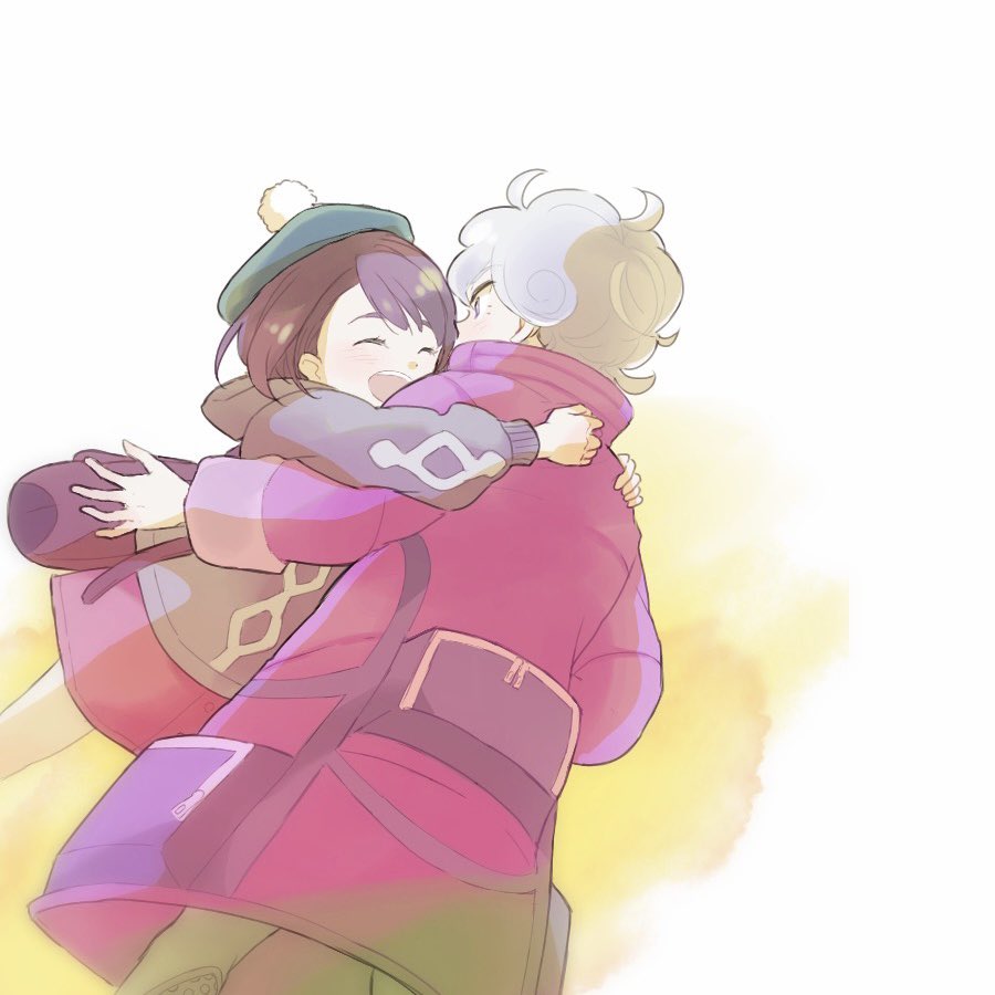 1boy, 1girl, 9no_kabe, :d, backpack, bag, bede_(pokemon), blush