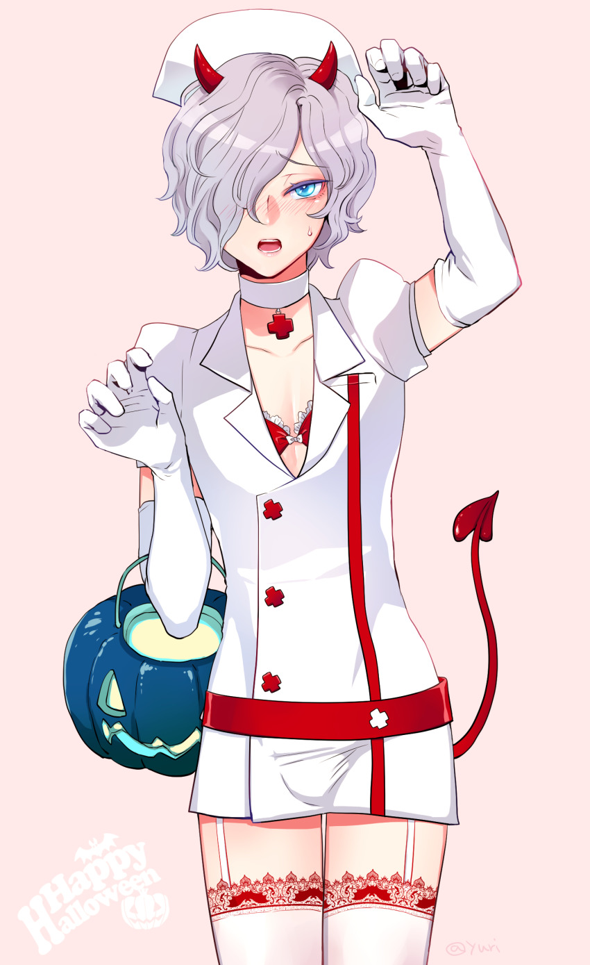 1boy, absurdres, blue_eyes, blush, crossdressing, crossdressing_(mtf), elbow_gloves, fake_horns