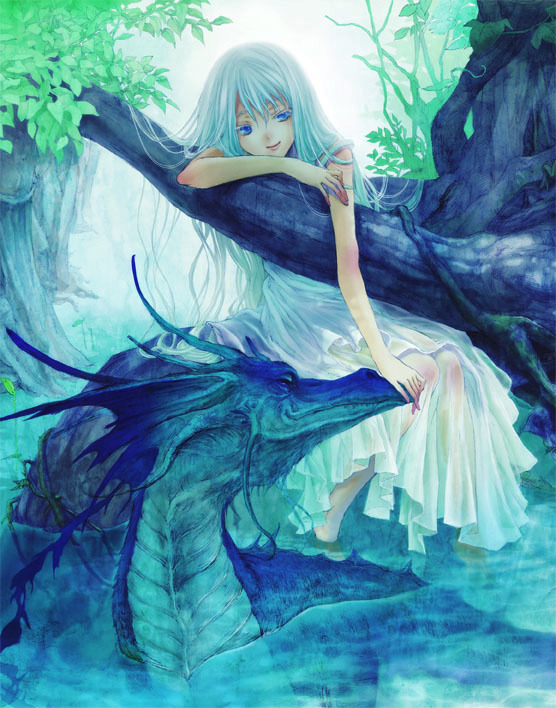 1girl, aqua_hair, blue_eyes, dragon, dress, fantasy, female_focus, long_hair, machi555, monster, nature, smile, solo, tree