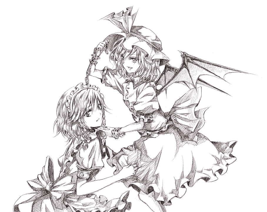 2girls, chain, collar, dress, female_focus, greyscale, hat, izayoi_sakuya