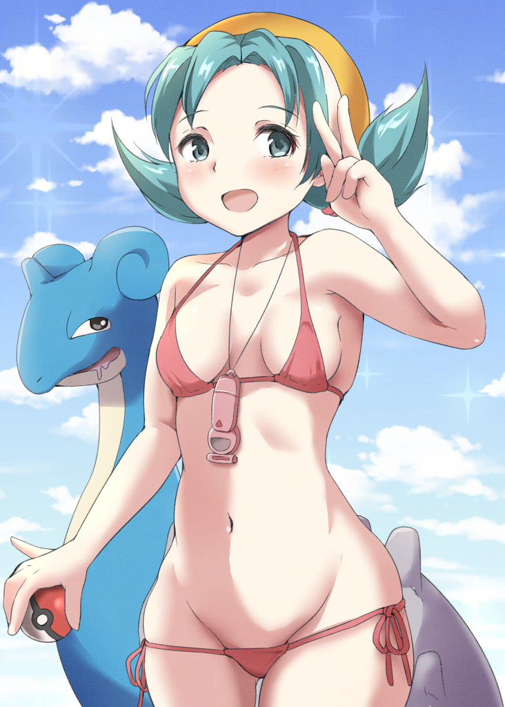 1girl, bikini, breasts, cloud, collarbone, commentary_request, day, eyelashes, gen_1_pokemon, green_eyes, green_hair, hand_up, hat, holding, holding_poke_ball, kamikitayotsuba, kris_(pokemon), lapras, micro_bikini, navel, nintendo, open_mouth, outdoors, poke_ball, poke_ball_(basic), pokemon, pokemon_(creature), pokemon_gold/silver/crystal, side-tie_bikini_bottom, sky, smile, sparkle, swimsuit, v, yellow_headwear