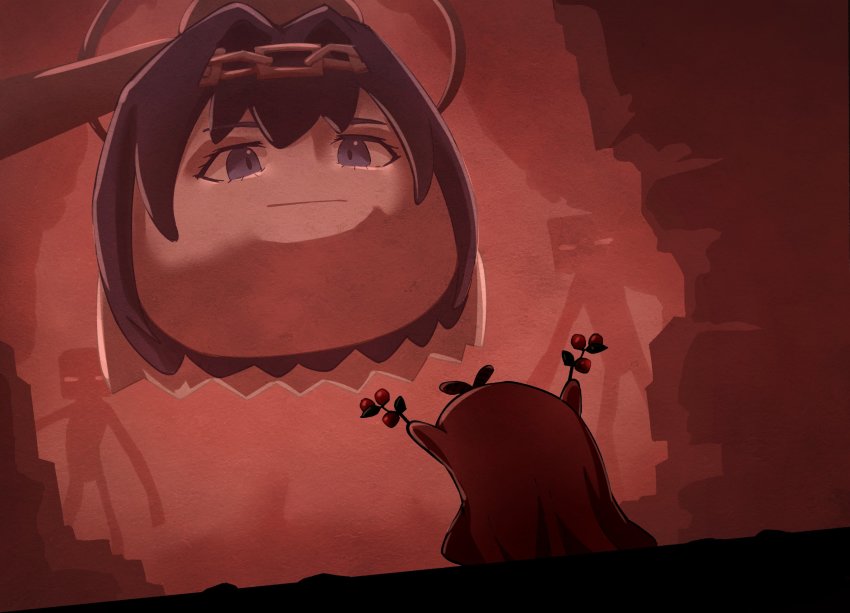 :|, berry, blue_hair, boomei_(nanashi_mumei), cave, chain, chain_headband, closed_mouth