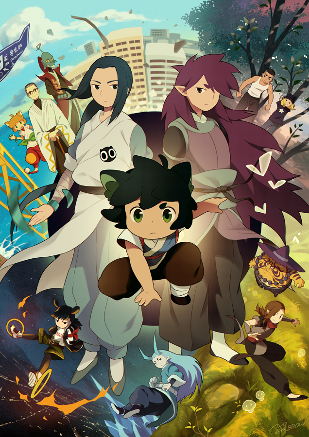 1girl, 6+boys, a'he_(the_legend_of_luoxiaohei), aqua_hair, aqua_horns, beanie, black_hair, black_headwear