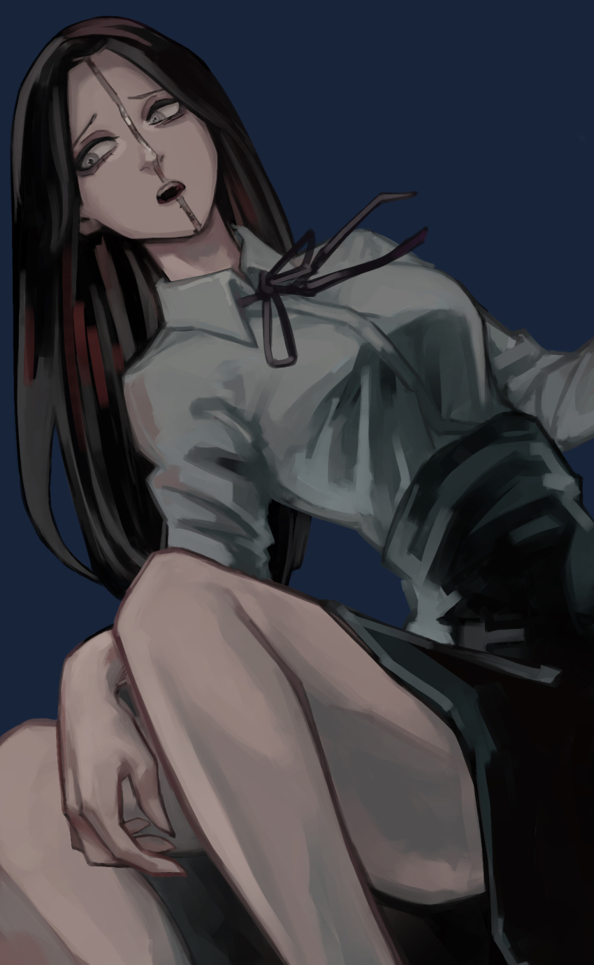 1girl, arthropod_girl, black_hair, black_ribbon, black_skirt, blue_background, breasts, chainsaw_man