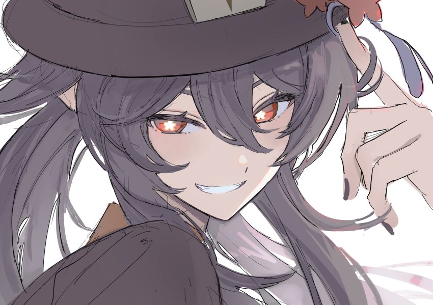 1girl, black_hat, black_nails, brown_hair, genshin_impact, gnsn_tori, half-closed_eyes, hat
