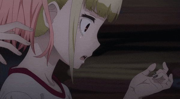2girls, animated, animated_gif, asphyxiation, black_hair, blonde_hair, blunt_bangs, choke_hold