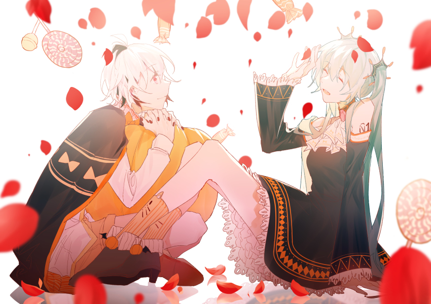 2girls, absurdres, androgynous, aqua_hair, arm_support, bare_shoulders, black_cape, black_dress, black_sleeves, candy, cape, chinese_commentary, closed_eyes, commentary, detached_sleeves, dress, falling_petals, flower_(vocaloid), flower_(vocaloid4), food, hair_ornament, hand_up, hatsune_miku, high_heels, highres, hugging_object, key_asan, knees_up, lace, lace-trimmed_dress, lace_trim, lollipop, long_hair, multicolored_hair, multiple_girls, nail_polish, open_mouth, orange_shoes, petals, pumpkin, red_eyes, red_nails, reflection, shirt, shoes, shoulder_tattoo, sitting, smile, streaked_hair, tattoo, twintails, two-tone_hair, vocaloid, white_background, white_hair, white_shirt