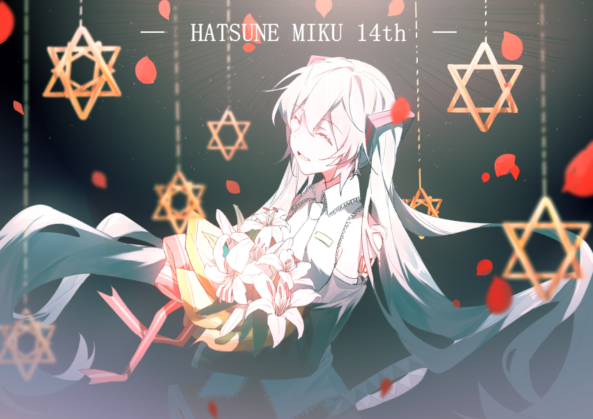 1girl, absurdres, anniversary, aqua_hair, bare_shoulders, black_background, black_skirt, black_sleeves