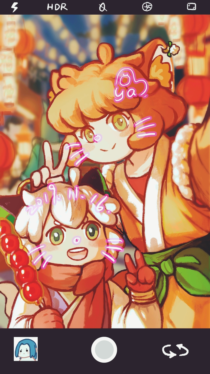 1boy, 1girl, animal_ear_fluff, animal_ears, blurry, blurry_background, blush, cat_boy, cat_ears, fake_phone_screenshot, fake_screenshot, festival, fox_ears, fox_girl, gloves, green_eyes, height_difference, highres, luo_xiaohei, luo_xiaohei_(human), luo_xiaohei_zhanji, open_mouth, orange_hair, qingjian900, red_gloves, red_scarf, ruoshui_(the_legend_of_luo_xiaohei), scarf, selfie, short_hair, smile, upper_body, v, white_hair