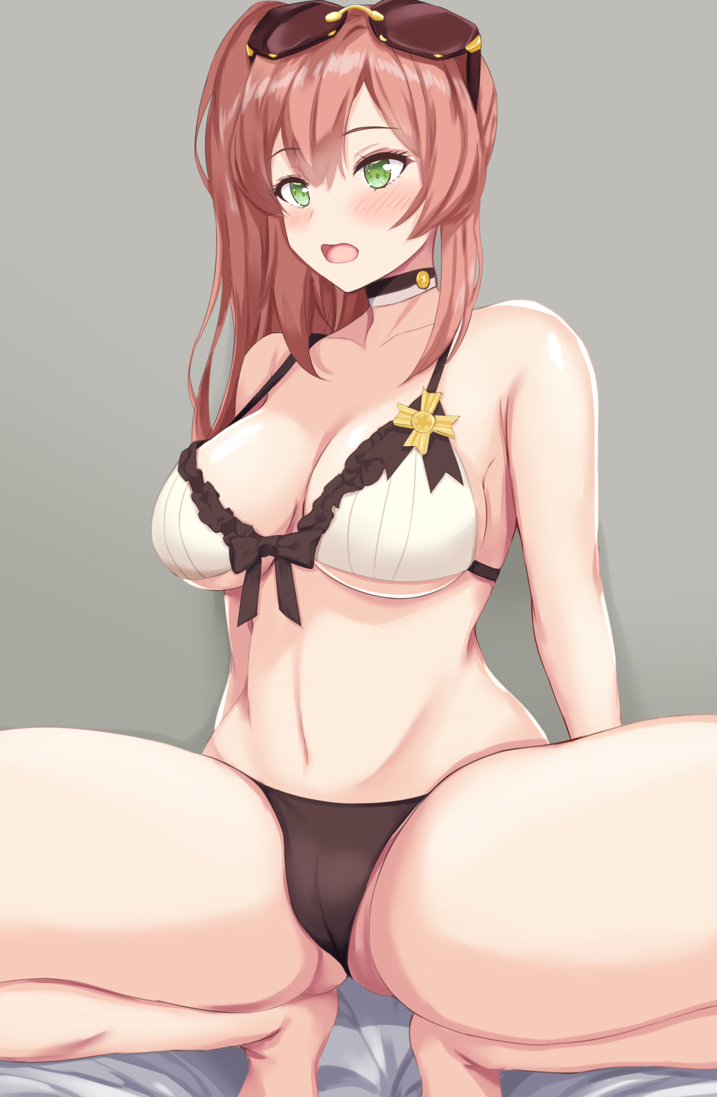 1girl, arms_behind_back, bare_shoulders, bikini, blush, breasts, cleavage, collarbone, eyewear_on_head, girls'_frontline, green_eyes, highres, long_hair, looking_away, medium_breasts, navel, official_alternate_costume, open_mouth, cameltoe, r93_(girls'_frontline), r93_(holiday_lucky_star)_(girls'_frontline), red_hair, scourer_14, sitting, solo, swimsuit, thighs, white_bikini