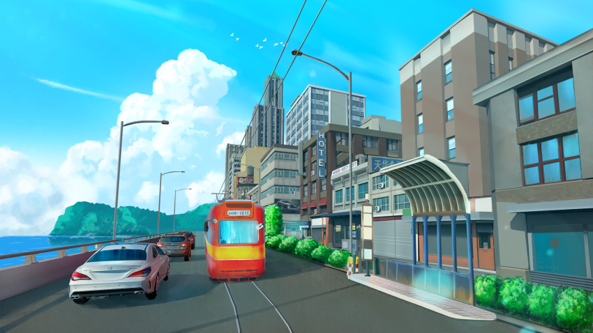 billboard, bird, blue_sky, building, bus_stop, bush, cable, car, chinese_commentary, chinese_text, city, cityscape, cloud, commentary_request, day, door, english_text, flying, forest, highres, hotel, hyundai, hyundai_ix35, lamppost, mercedes-benz, mercedes-benz_cla, mercedes-benz_cla_45_amg, motor_vehicle, nature, no_humans, ocean, original, plant, railroad_tracks, reflection, reflective_liquid, scenery, sign, sky, skyscraper, streetcar, tree, wall, window, xingzhi_lv