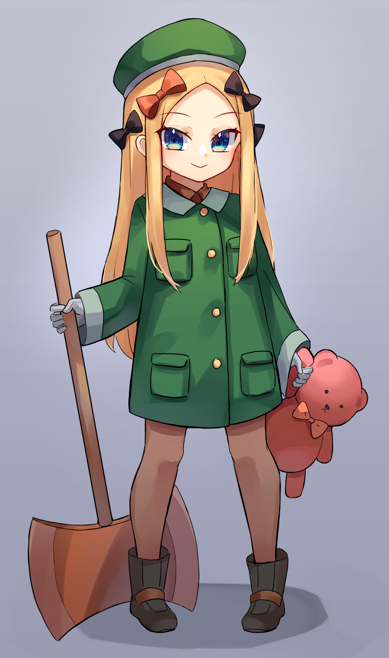 1girl, abigail_williams_(fate), axe, beret, blonde_hair, blue_eyes, blush, boots