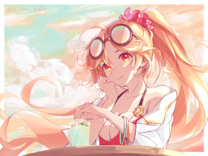 1girl, ahoge, bare_shoulders, blonde_hair, bracelet, breasts, closed_mouth, cloud, cloudy_sky, dragalia_lost, drinking_straw, eyewear_on_head, hair_between_eyes, highres, jewelry, kinton_drgla, official_alternate_costume, outdoors, sinoa, sky, soda, solo, swimsuit