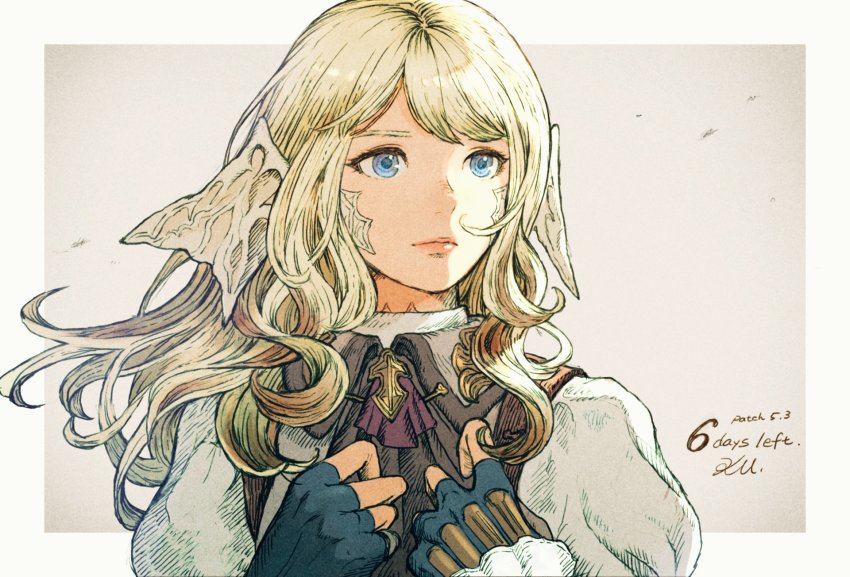 1girl, ascot, au_ra, black_ascot, blonde_hair, blue_eyes, blue_gloves, brooch