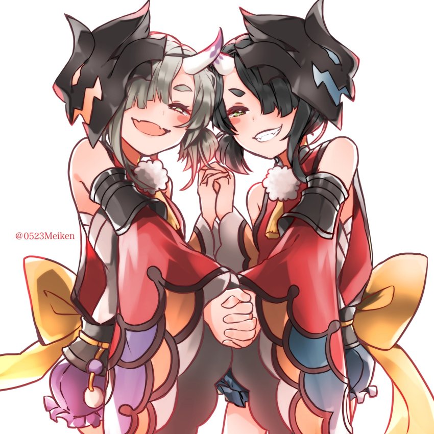 2girls, ayaha_(dragalia_lost), bare_shoulders, breasts, dragalia_lost, fangs, highres, holding_hands