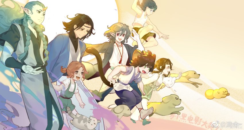 2girls, 5boys, a'gen_(the_legend_of_luoxiaohei), animal_ears, arm_up, barefoot, bidiu_(the_legend_of_luo_xiaohei), black_hair, blouse, brown_eyes, cat, cat_boy, cat_ears, cat_tail, diting_(the_legend_of_luo_xiaohei), dog, feet_out_of_frame, glasses, green_eyes, green_hair, highres, horns, lanxi_zhen, laojun_(the_legend_of_luo_xiaohei), li_qingning_(the_legend_of_luo_xiaohei), long_hair, long_sleeves, luo_xiaobai, luo_xiaohei, luo_xiaohei_(human), luo_xiaohei_zhanji, man_san, multiple_boys, multiple_girls, pink_hair, pointy_ears, profile, red_eyes, shirt, short_hair, short_sleeves, single_horn, tail, tank_top, white_shirt, white_tank_top, xuan_li_(the_legend_of_luoxiaohei)