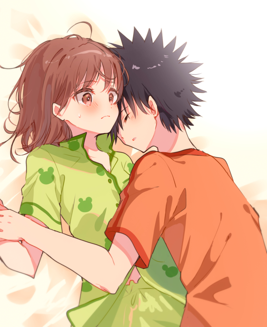 1boy, 1girl, absurdres, bed_sheet, black_hair, blush, bob_cut, boy_on_top