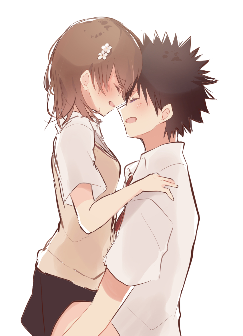 1boy, 1girl, :d, black_skirt, blue_eyes, blush, breasts, brown_eyes