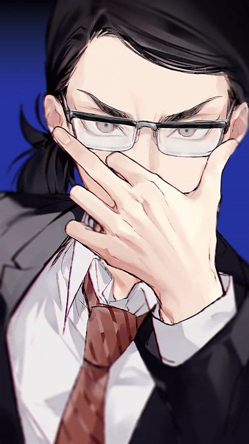 1boy, adjusting_eyewear, baji_keisuke, black_hair, black_jacket, blue_background, collared_shirt, dress_shirt, glasses, grey_eyes, hand_up, jacket, long_sleeves, looking_at_viewer, male_focus, necktie, ponytail, red_necktie, shirt, solo, todoldol, tokyo_revengers, upper_body, white_shirt