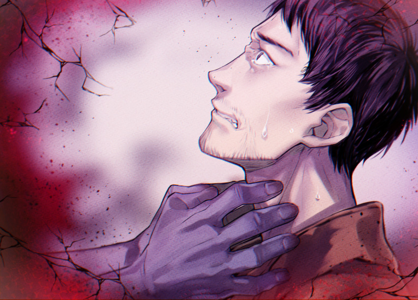 1boy, 1other, black_eyes, black_hair, brown_jacket, facial_hair, hands_up, jacket