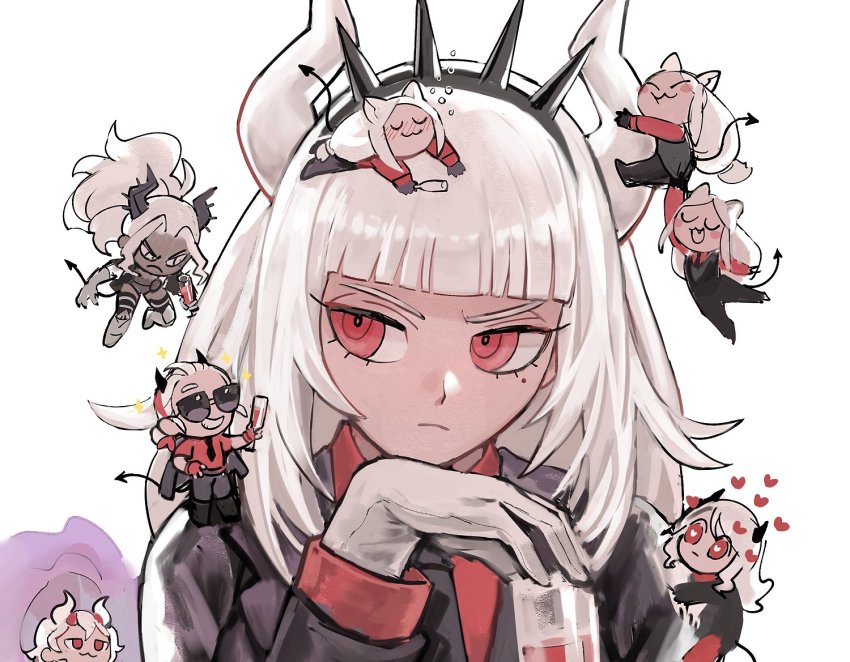 6+girls, :3, animal_ears, beelzebub_(helltaker), black_jacket, black_necktie, blush, blush_stickers, cerberus_(helltaker), chibi, closed_mouth, crown, demon_tail, dog_ears, floating, gloves, grey_gloves, grey_hair, grin, hand_up, heart, heart-shaped_pupils, helltaker, hjoe8, holding, horns, hug, jacket, judgement_(helltaker), justice_(helltaker), long_hair, looking_at_another, lucifer_(helltaker), modeus_(helltaker), mole, mole_under_eye, multiple_girls, necktie, red_eyes, red_shirt, shirt, smile, symbol-shaped_pupils, tail, triplets, white_horns