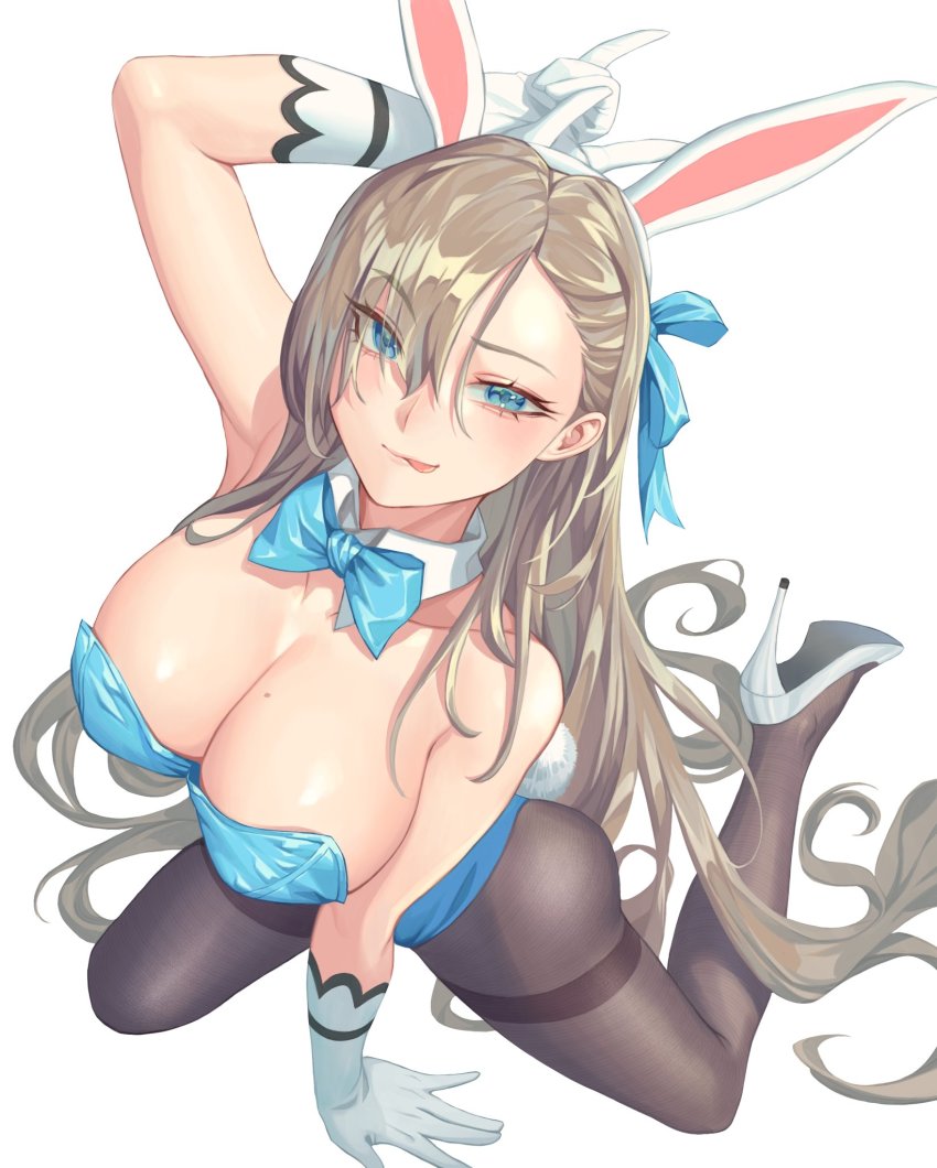 1girl, animal_ears, arm_up, asuna_(blue_archive), asuna_(bunny)_(blue_archive), between_legs, black_hair, blue_archive