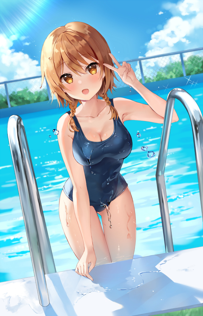 1girl, :d, bare_arms, blue_one-piece_swimsuit, blue_sky, breasts, brown_hair, chain-link_fence