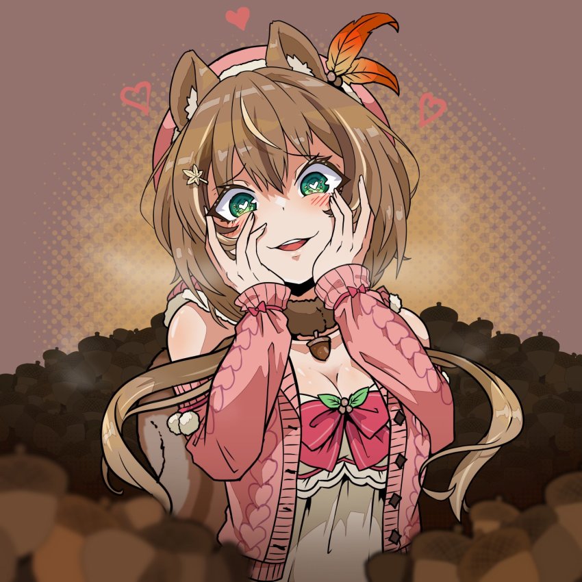 1girl, acorn, aikohgin, animal_ears, ayunda_risu, ayunda_risu_(1st_costume), beret, blush, brown_hair, dithered_background, green_eyes, hair_ornament, hairpin, hat, heart, heart-shaped_pupils, heavy_breathing, highres, hololive, hololive_indonesia, multicolored_hair, open_mouth, ribbon, smile, solo, squirrel_ears, squirrel_girl, squirrel_tail, streaked_hair, sweater, symbol-shaped_pupils, tail, twintails, upper_body, virtual_youtuber, yandere_trance