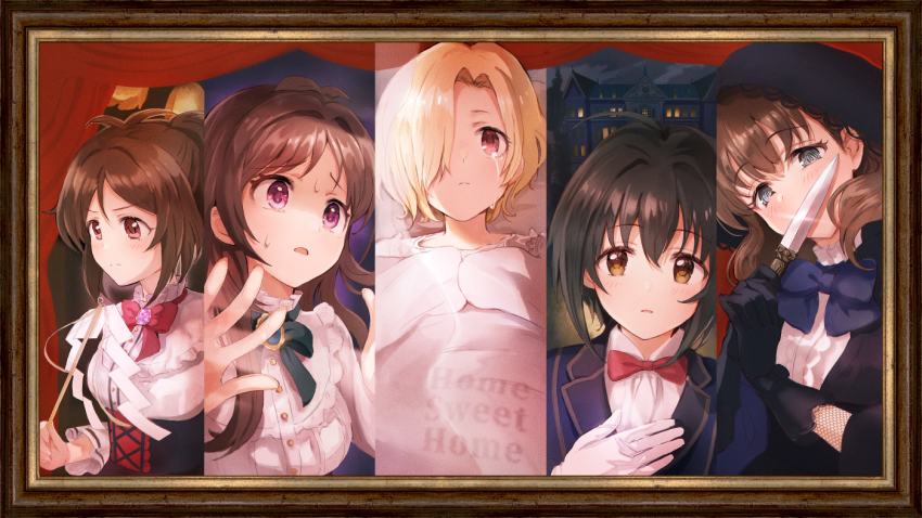 5girls, bow, bowtie, brown_hair, collage, commentary, curtains, domyoji_karin