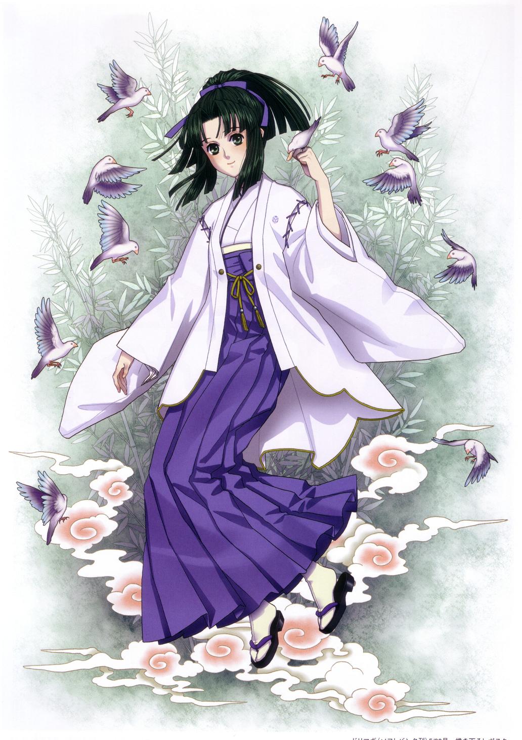 1girl, artist_request, bird, bird_on_hand, female_focus, green_eyes, green_hair, hakama