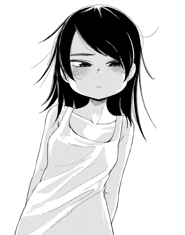 1girl, arms_behind_back, closed_mouth, collarbone, dress, female_focus, halftone, inoue_tosazu