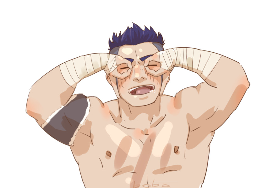 1boy, bandaged_arm, bandages, bara, drooling, elec_bobo, closed_eyes, fate/grand_order